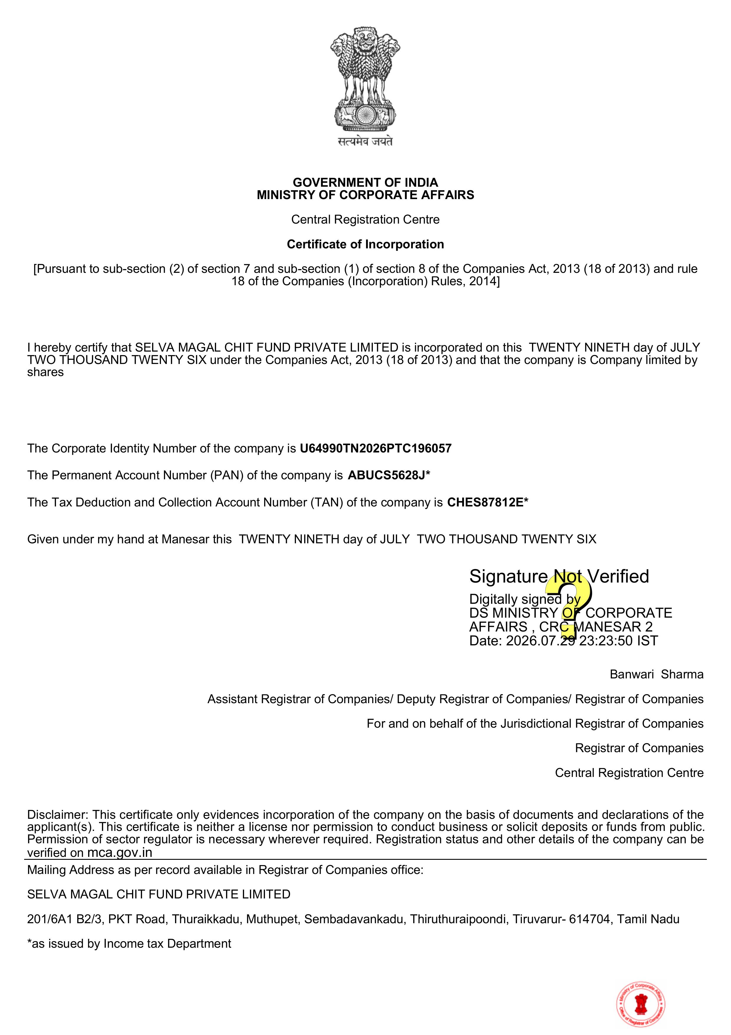 Selva Magal Certificate of Incorporation